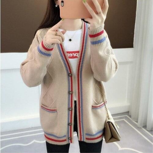 Oversized Knit Cardigan 2021 New Womens Spring Autumn Jacket Chic Loose Striped Pockets Long Sweater Female Swetry Rozpinane