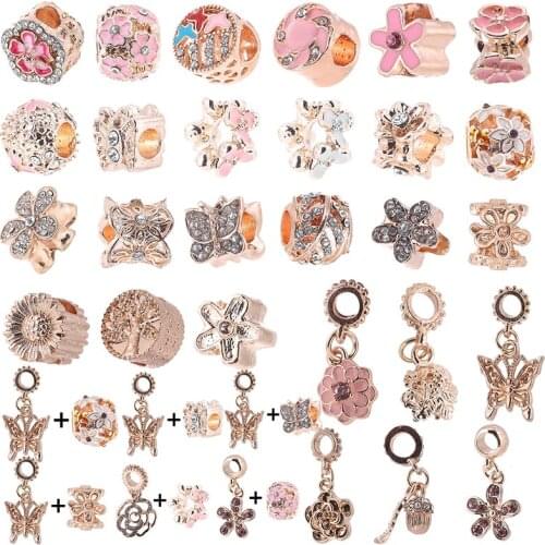 2Pcs/Lot 2021 Newest Rose Gold Butterfly & Flower Charms Beads Fit DIY Bracelets & Necklaces For Women Men Jewelry Accessories