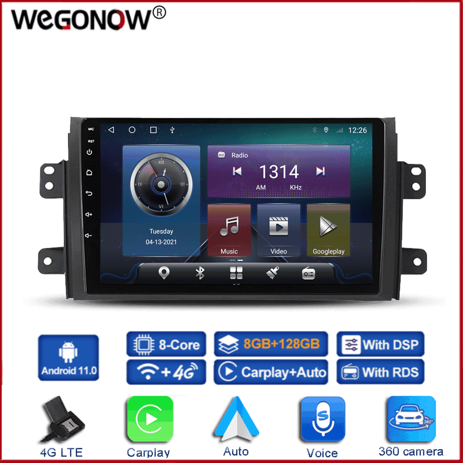 360 Panoramic Camera Carplay 6G+128GB Android 10.0 Car DVD Player GPS Map WIFI Bluetooth RDS Radio For Suzuki SX4 2006-2012 2013