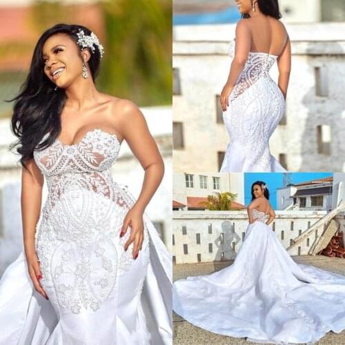 African Mermaid 2022 Wedding Dresses Bridal Gowns Detachable Skirt Sweetheart Appliqued Satin Bride Plus Size robes de mariée