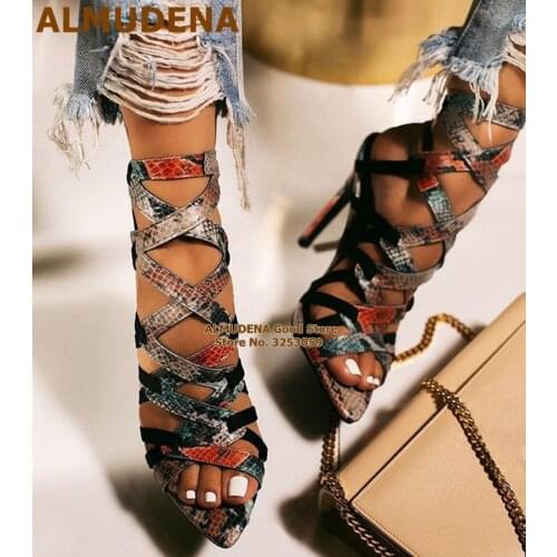 ALMUDENA Multi Snakeskin Cross Strappy Sandals Thin High Heels Caged Dress Pumps Nightclub Hollow Out Gladiator Shoes Size47