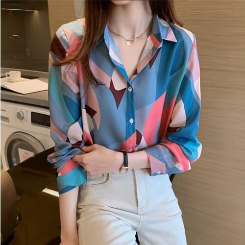 Chikichi 2021 Spring and Autumn New Korean Fashion Lapel Print Chiffon Button Shirt Ladies Office Top Cardigan Long Sleeve Top