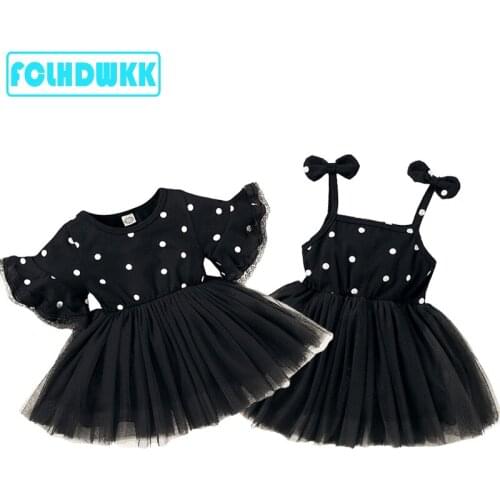 Summer Kids Dress for Girls Lace Polka Dot Print Children Party Perform Sister Dress Kids Princess Vestidos Girls Flower Dresses