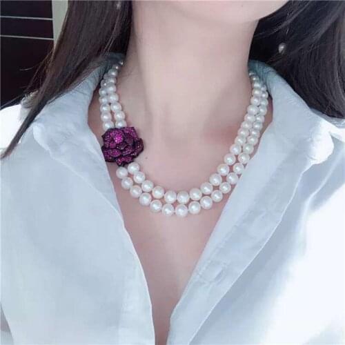 Purple zircon flower double-layer natural pearl choker necklace for ladies vintage high jewelry gifts