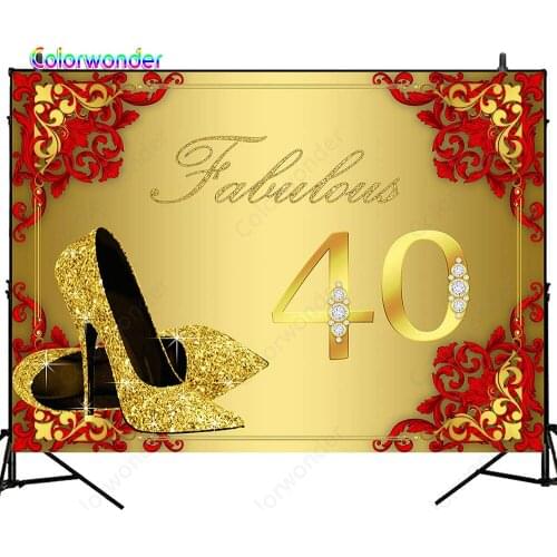 Colorwonder Photography Background Golden High-heeled Shoes 7x5ft Red Printings Golden Seamless Backdrop for Forty Birthday Prop