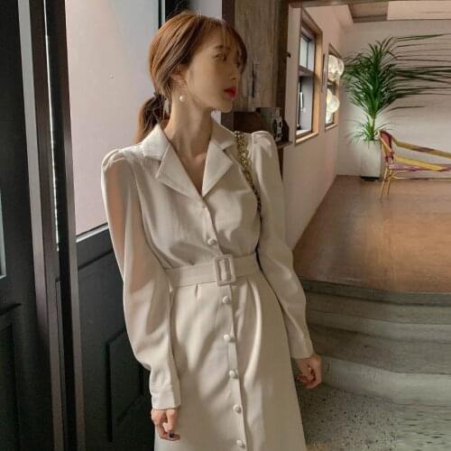 Lapel Button Fishtail Dress Puff Long Sleeve Mid-length Korean Chic Elegant Long Robe 2021 Spring and Autumn Retro Dresses