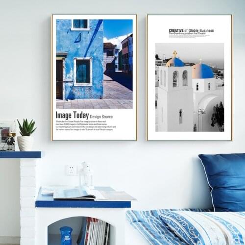 Nordic White Blue Building Wall Art Poster European Landscape Canvas Print Painting Modern Gallery Living Room Home Decor