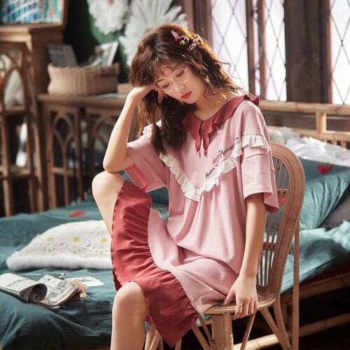 Nightgown Summer Cotton Thin Short Sleeve Lovely Plus Size Women Pajamas Sleepwear Set