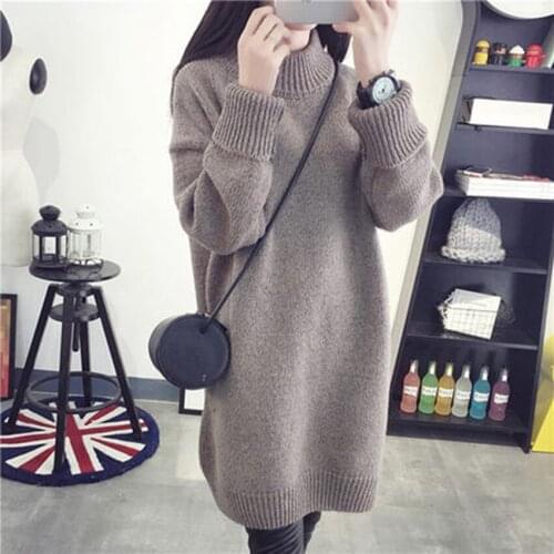 2021 new autumn and winter mid-length maternity dress high-neck solid color thick loose plus size sweater maternity dress