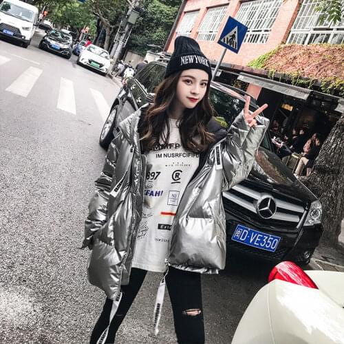 New Style Glossy Winter Jackets Women Casual Loose Hooded Coats Female Silver/Black Cotton Parkas Coats Woman Down Cotton Coats