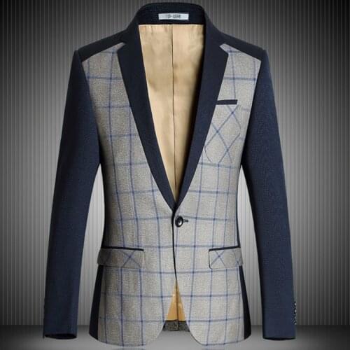 NEW men blazer designs Big plaid suit jacket Smart Casual Mens blazers fashion Stitching slim fit Male Brand Suit Blazer