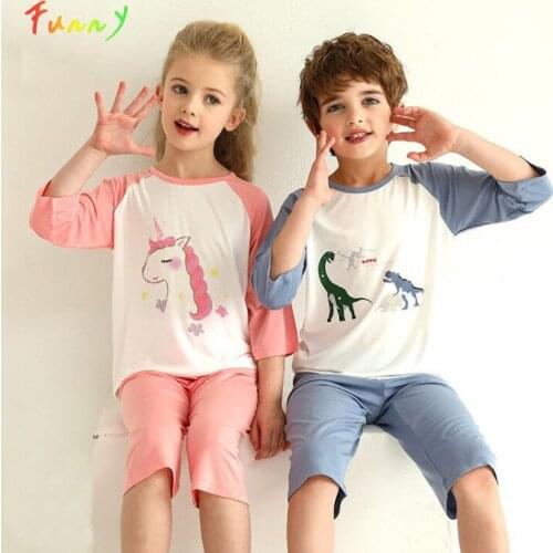 Cartoon Dinosaur Unicorn Kids Pajamas Girl Boy Sets Summer 2021 Cotton Sleepwear Suit Childrens Clothing Boys Home Wear