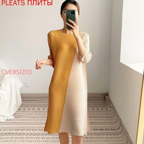 Miyake Pleated Mid-length Dresses Stitching Temperament Commuter Loose Contrast Color Dress A-line Dress Shein Pleats Vestido