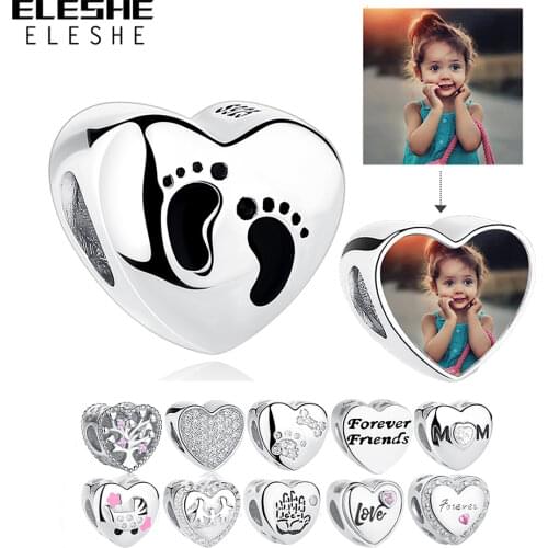 ELESHE Romantic Custom Photo Heart Charms fit Original Pandora Bracelet 925 Sterling Silver Beads DIY Original Jewelry Making