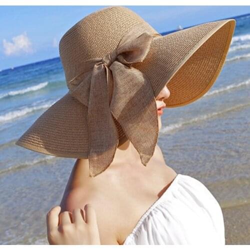 Summer Female Sun Hats Visor Hat Big Brim Classic Bowknot Folding Straw Hat Casual Outdoor Beach Cap For Women UV Protection Hat