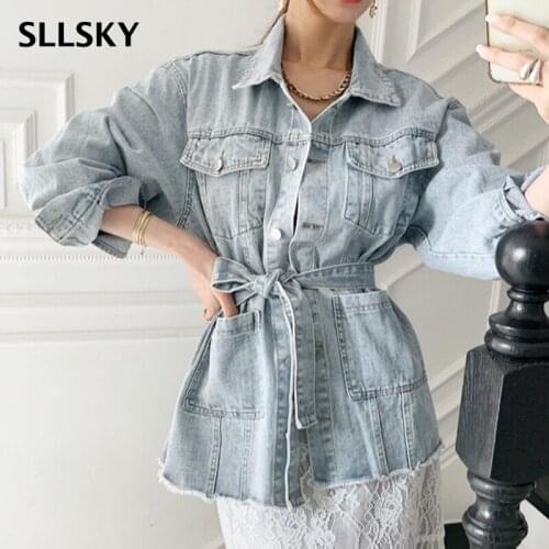 SLLSKY Turn-down Collar Long Sleeve Denim Jacket Women Slim Waist Sashes Solid Jean Coat Female 2021 Fall New Outerwear Jacket