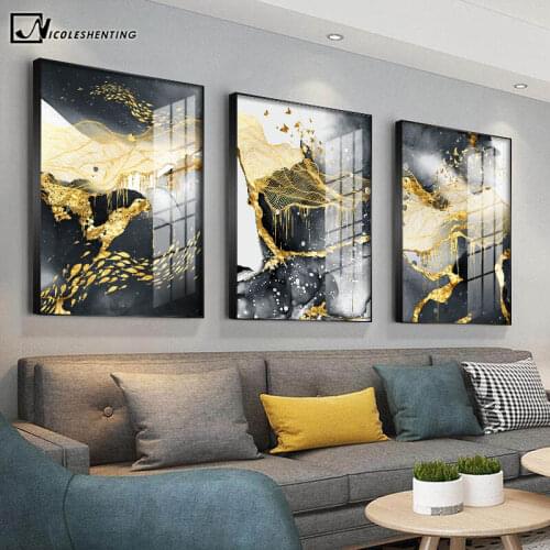 Contemporary Art Golden Black White Abstract Painting Canvas Poster Print Nordic Decoration Wall Art Picutre Modern Home Decor