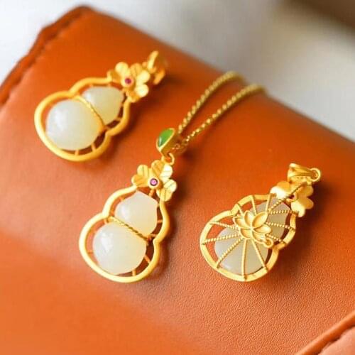 Ancient Sterling Silver Gilding Inlaid Hetian Jade Calabash Pendent Delicate Moisturizing Retro Good Luck and Fortune Womens Cl