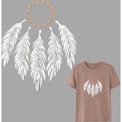 White Feather Wind Chimes Dreamcatcher Patches Iron Printed on Clothes Round Flower Heat Transfer Patch Thermal Transfer