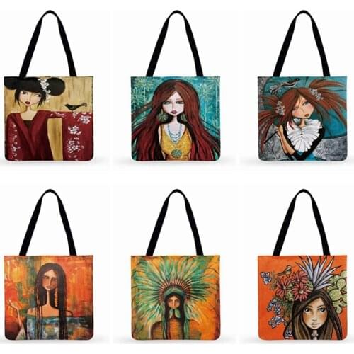 Manga Girl Painting Print Tote Bag Women Casual Tote Ladies Shoulder Bag Foldable Shopping Bag Outdoor Beach Bags Women Handbags