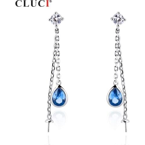 CLUCI Authentic 925 Sterling Silver Women Pearl Earring Mounting Single Blue Oval Zircon Long Stud Earrings Jewelry SE135SB