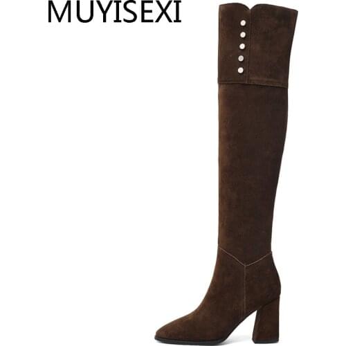 8cm Square High Heel Women Winter Thigh High Boots Black Over the Knee Full Real Suede Leather Warm Brown Sexy LDI11 MUYISEXI