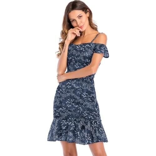 Boho Ruffles Floral Print Summer Off Shoulder Mini Dress Women Spaghetti Strap Beach Holiday Vestidos Chiffon Dress Sundress