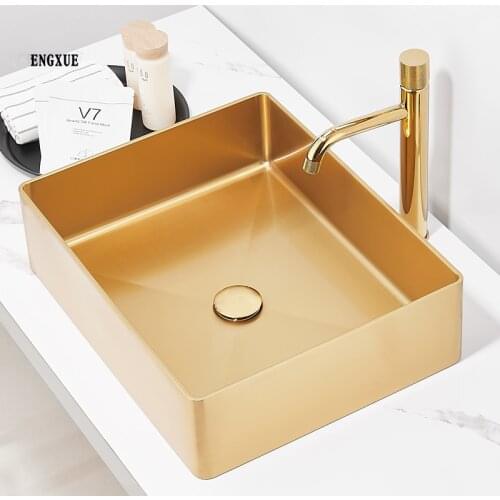 304 Stainless Steel Gold Brush Wash Bsin Rectangular Countertop Basin Hotel KTV Bathroom Wash Basin Shampoo Bowl Vessel Sinks