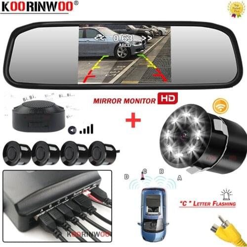 Koorinwoo Wireless Car Video Parking Sensor Reverse Backup Radar Detector Adjustable Speaker LED Car Camera Support Video Input