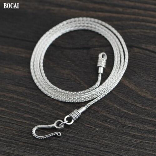 BOCAI real S925 pure Silver Jewelry Man Necklace 3MM Retro Knitting Craft Horse Whip Chain Mens Knitting Necklace Silver Chain
