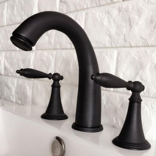 Black Oil Rubbed Bronze Double Handles 3 Holes Install Widespread Deck Mounted Bathroom Sink Basin Faucet Sink Mixer Tap mhg055
