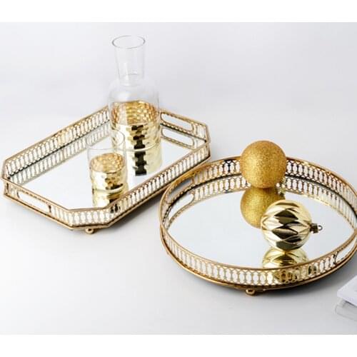 European style retro glass mirror metal storage tray golden rectangle/round fruit tray desk small objects jewelry display tray t