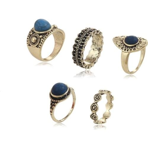 Tocona Vintage Antique Silver/brozen Rings Set Hollow Out Geometric Ring Sets blue Rhinestone Flower Knuckle Anillos Anel Ring