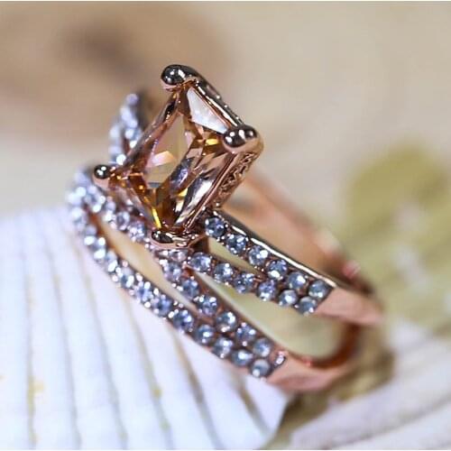 Luxury Orange Square Stone Ring Set Engagement Gift Rings for Women Fashion Jewelry Ladies Accessories Ring Men Bijoux S4M058