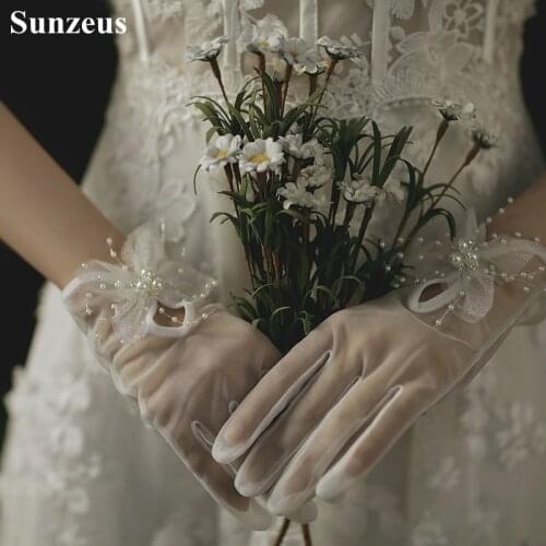 Short Gloves for Wedding Beaded Full Finger Wrist Length Ivory Tulle Bridal Gloves Beaded gant mariage femme A06