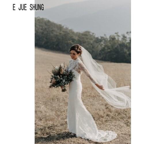 E JUE SHUNG Lace Mermaid Wedding Dresses Long Sleeves High Neck Button Back Wedding Gowns Vestido de noiva Long Bridal Dresses