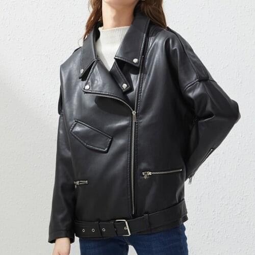 Spring Autumn Oversized Faux Leather Jacket with Belt Women Casual Loose Biker Outwear Female BF Black Leather Coat