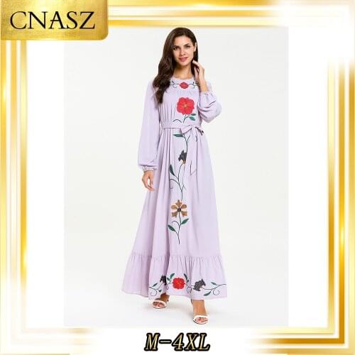 Muslim Dress Moroccan Kaftan Fshion Lace Embroidered Long-Sleeved Autumn Prayer Skirt Ruffled Long Musulmane Femme Skirt