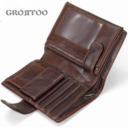 GROJITOO Mens short wallet genuine leather coin clip top layer cowhide vertical leather bag