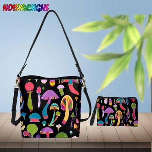 NOISYDESIGNS Mushrooms Printing Ladies Bucket PU Shoulder Bag Shoulder Large Capacity Messenger Female Handbag Purse Bags Black