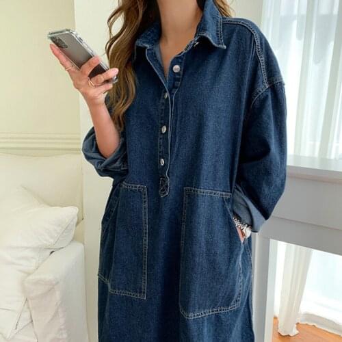 Casual Denim Dress Womens Spring Clothing Full Sleeve Turn-Down Collar Loose Jeans Dresses Female Street Wear Denim Robe Dress