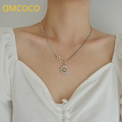 QMCOCO 925 Silver Hip-Hop Vintage Sun Flower Pendant Necklace For Women Charm Neck Chain Party Gift For 2021New Trendy Jewelry
