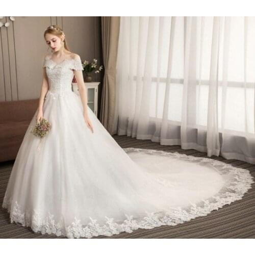 2020 Luxury Lace Embroidery Boat Neck off shoulder Wedding Dresses Long Train Wedding Gown Elegant Plus Size Vestido De Noiva
