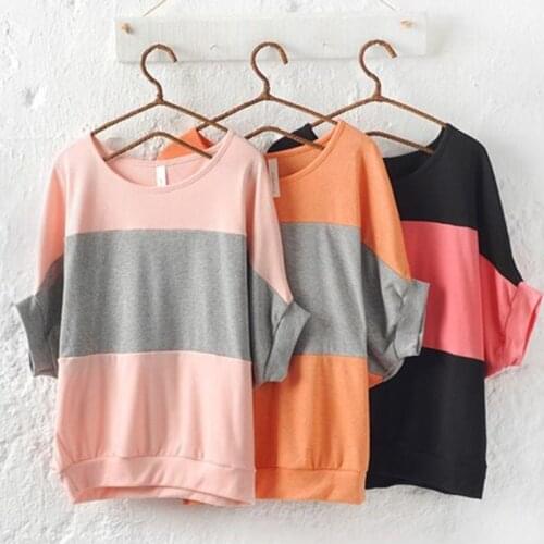 T Shirt Women 2021 T Shirt Vintage Summer Short Sleeve Pactchwork Color Cotton T-shirt Batwing Ropa Mujer