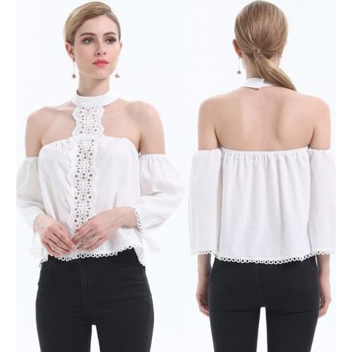 Womens Summer White Off Shoulder Lace Patchwork Shirt New Arrival 2021 Fashion Sexy O-neck Flare Sleeve Backless Shirts Blouses
