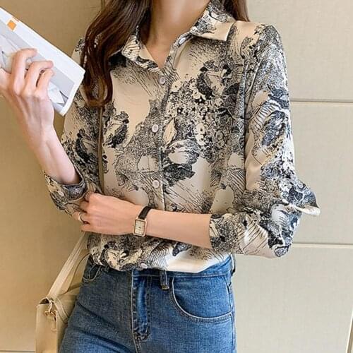 Women Shirt Ink Print Single-breasted Autumn Lapel Long Sleeve Blouse Streetwear