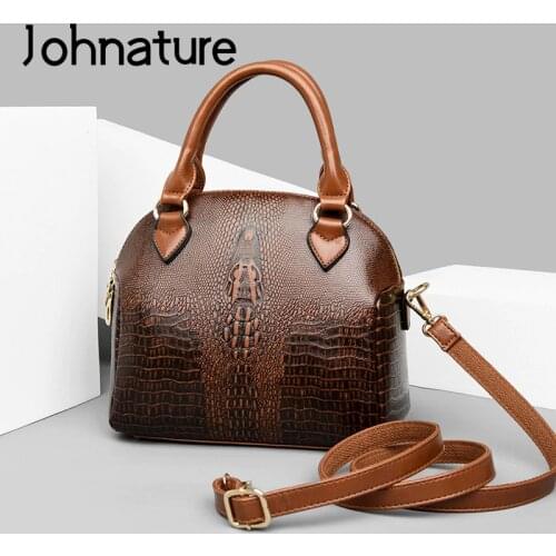 Johnature 2020 New Luxury Handbag Fashion Alligator Leather Women Bag Leisure Shoulder Bags Large Capacity Lady Messenger Bag