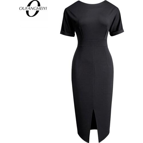 Women Charming Wear to Work Solid Color Short Sleeve Front Slit Lady Slim Office Pencil Dress EB641