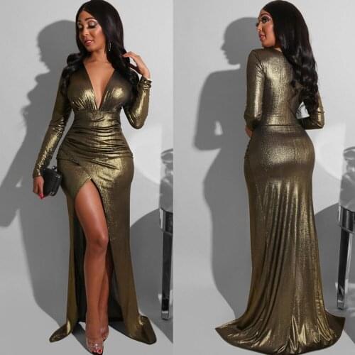 Metallic Shiny Elegant V Neck Evening Party Maxi Dress Women Night Club Wear Long Sleeve High Split Floor Length Long Dress Robe