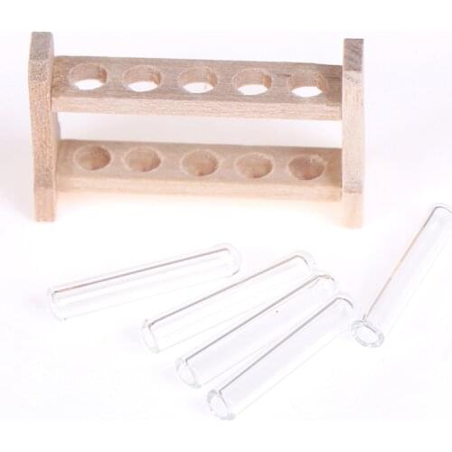 5pcs/set Laboratory Glass Test Tubes with Wooden Rack Set Decoration Ornament 1:12 Dollhouse Miniature Accessory